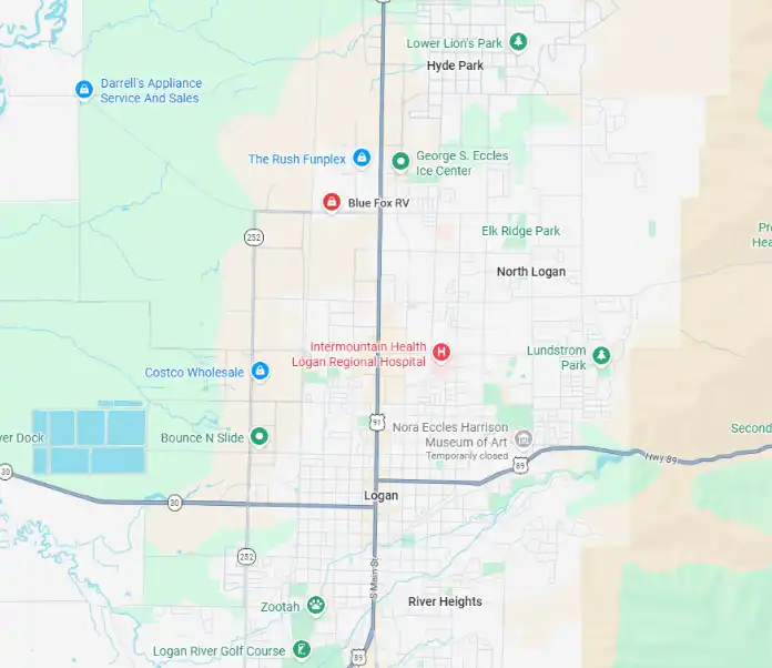 Map showing Blue Fox RV in North Logan, UT